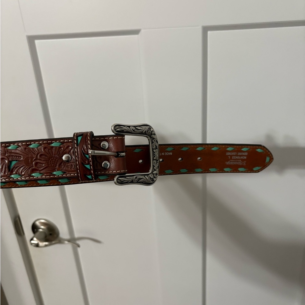 Nocona Brown Leather Belt with Teal Details
